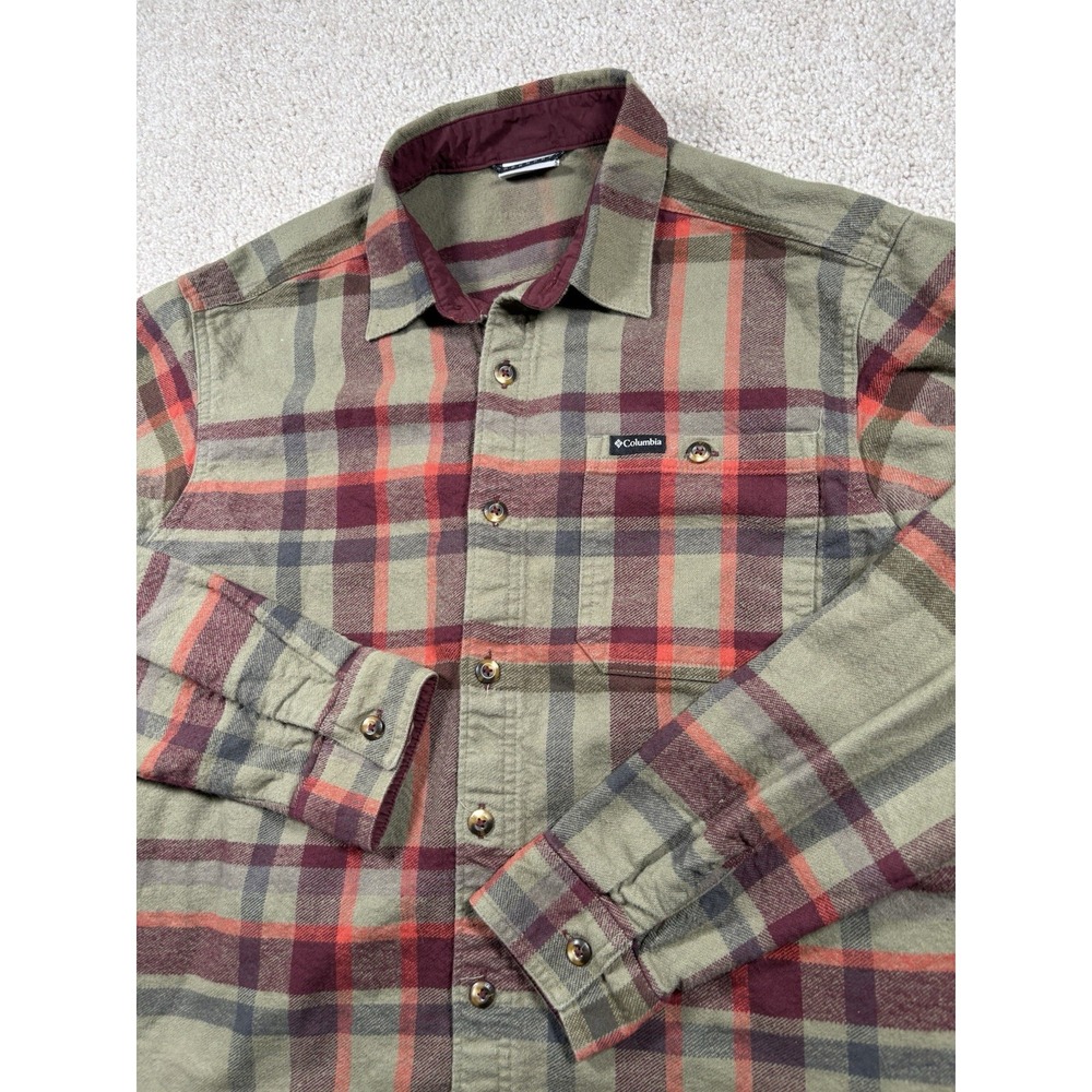 Columbia Pitchstone Heavyweight Flannel Shirt Mens Size M Green Maroon Plaid